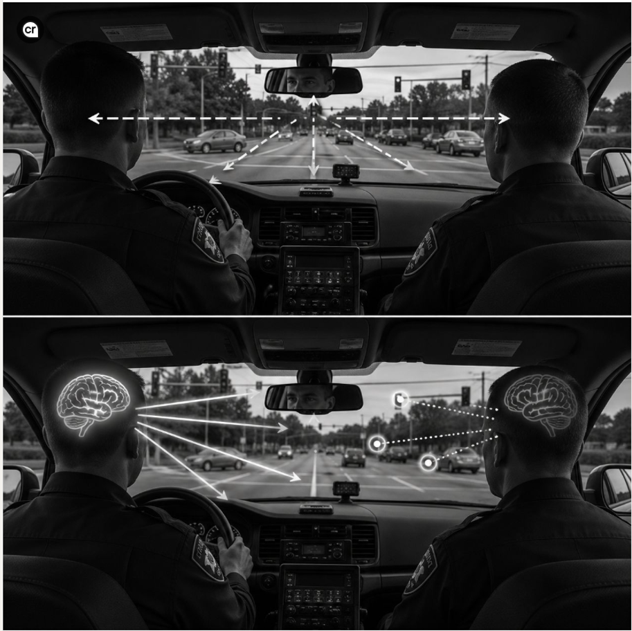 Two drivers. Same eye movement, same head turn, same mirror checks